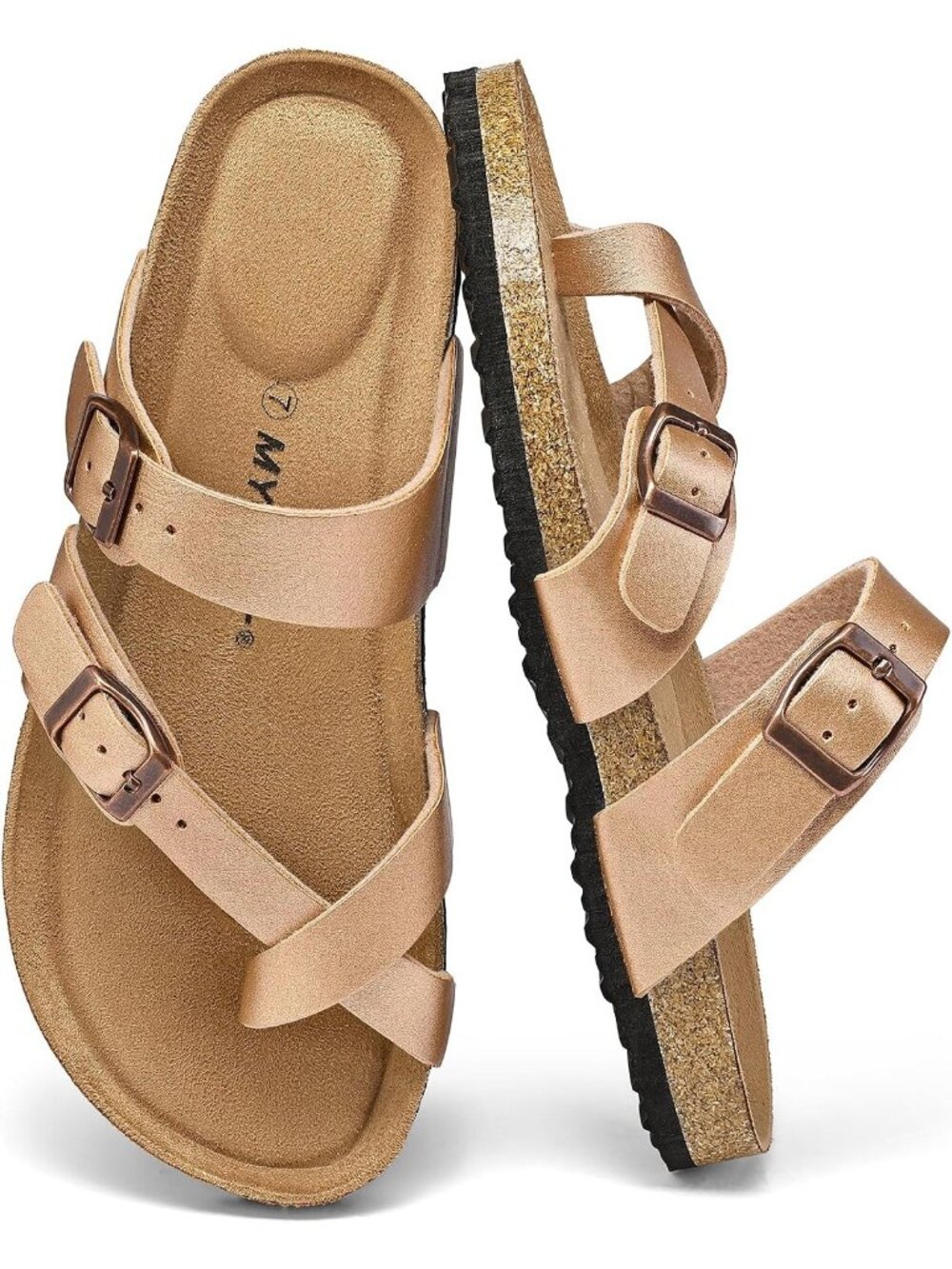 Women Rose Gold Double Adjustable Buckle Slide Cork Footbed Slip On Sandal Shoes